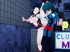 Mina Ashido和Momo Yaoyorozu与Izuku Midoriya一起参加了My Hero Academia hentai的激烈三人行。